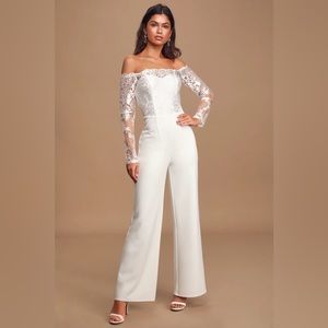 Carried by Love White Lace Off-the-Shoulder Wide-Leg Jumpsuit XS Lulu’s